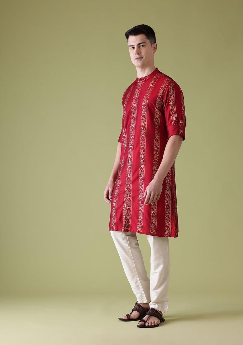 Red Printed Polyester Kurta For Men - Indya