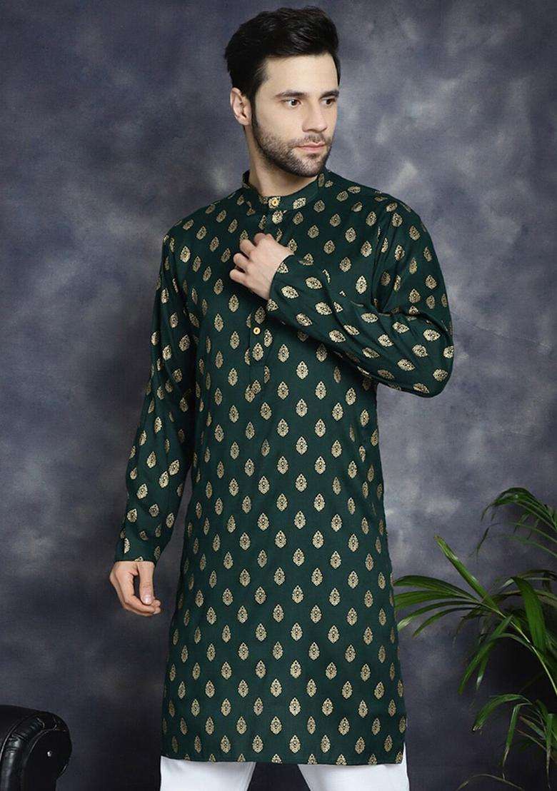 Olive Printed Cotton Kurta For Men - Indya
