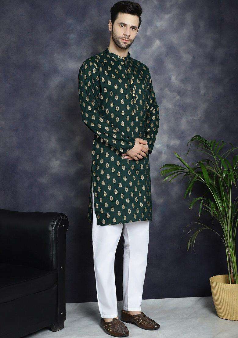 Olive Printed Cotton Kurta For Men - Indya
