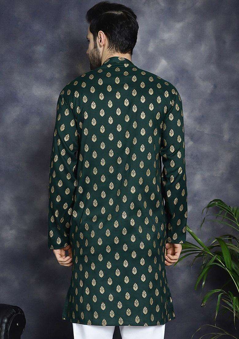 Olive Printed Cotton Kurta For Men - Indya