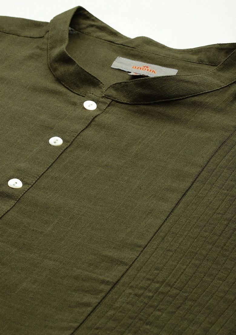 Olive Solid Cotton Kurta For Men - Indya