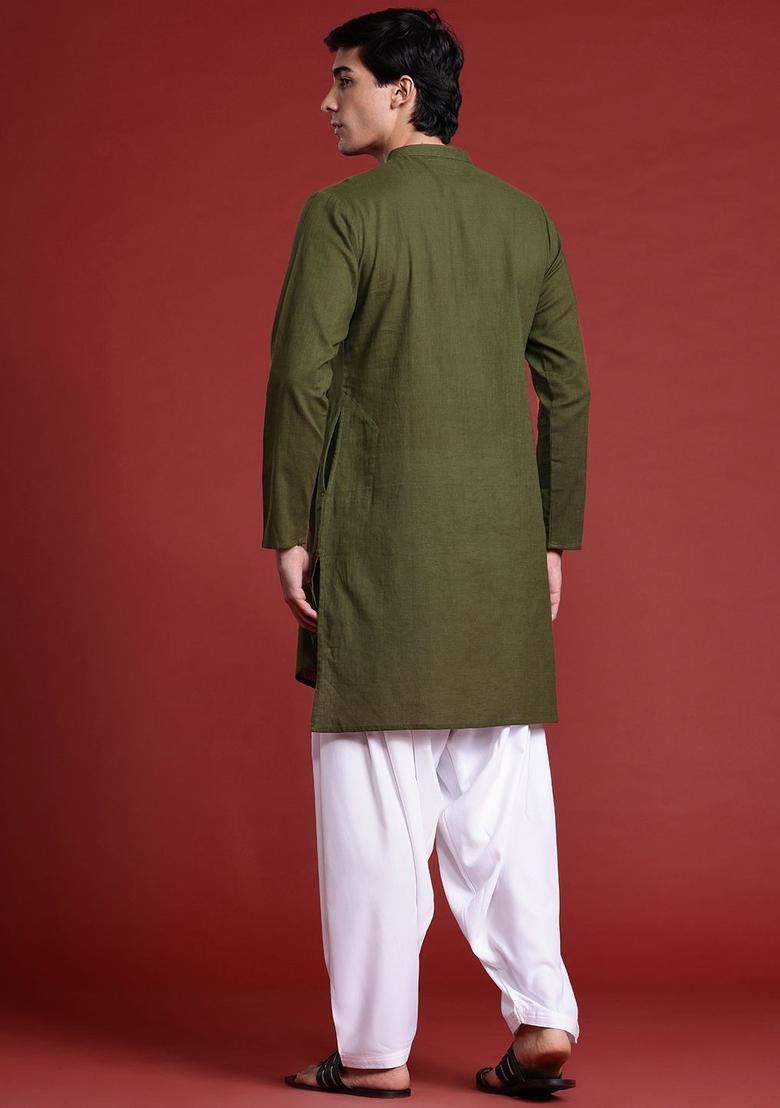 Olive Solid Cotton Kurta For Men - Indya