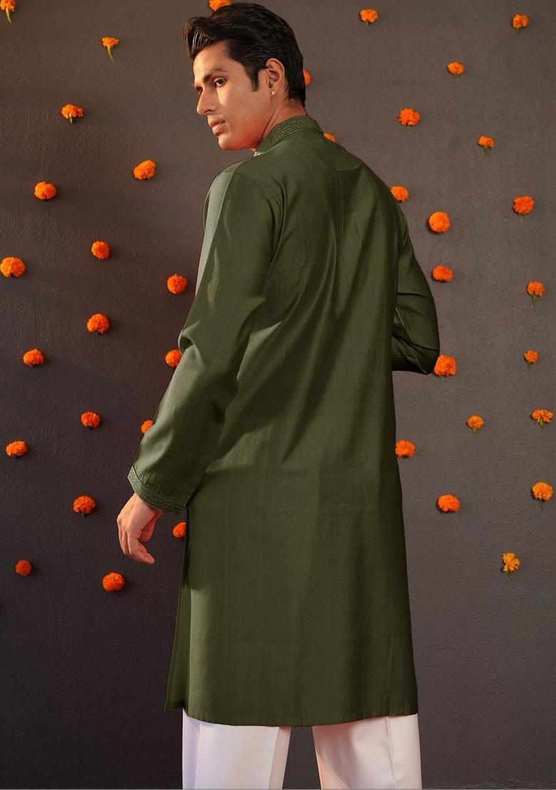 Olive Solid Cotton Kurta For Men - Indya