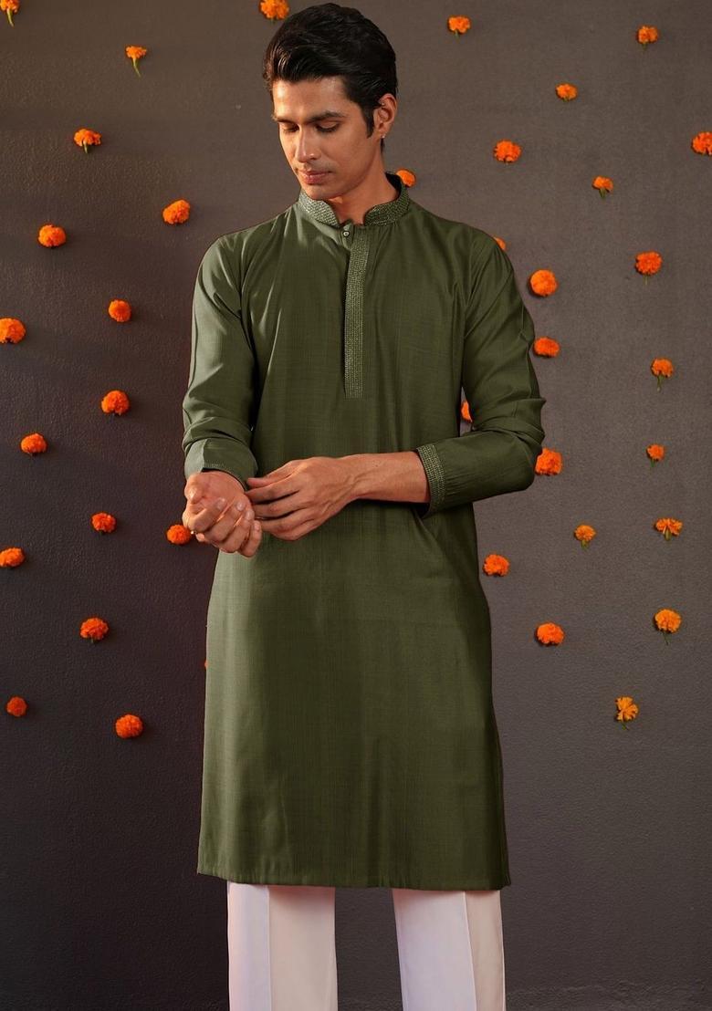 Olive Solid Cotton Kurta For Men - Indya