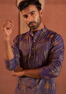 Purple Printed Silk Kurta For Men