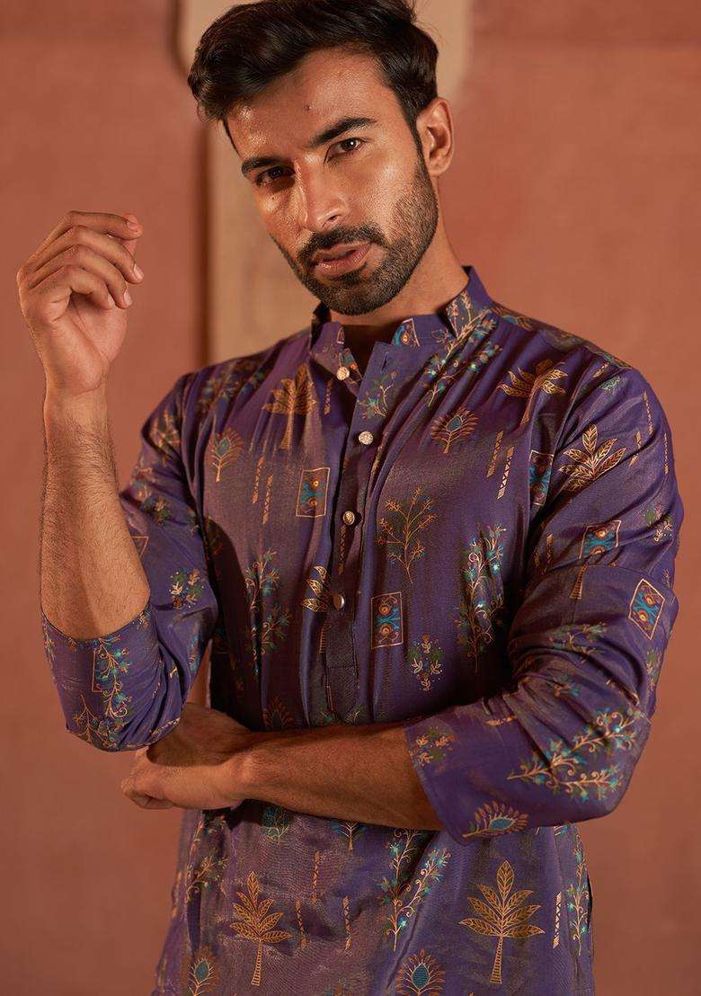 Purple Printed Silk Blend Kurta For Men - Indya