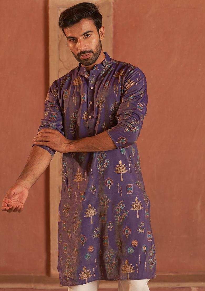 Purple Printed Silk Kurta For Men - Indya