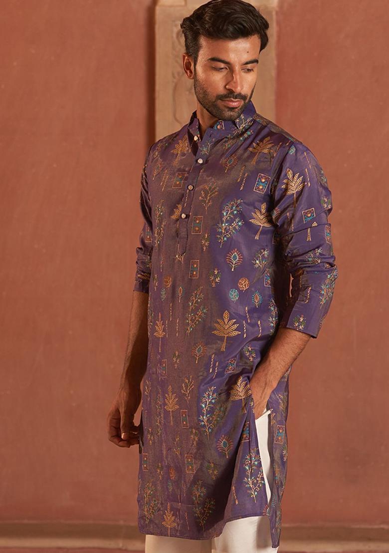 Purple Printed Silk Kurta For Men - Indya