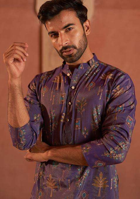 Purple Printed Silk Blend Kurta For Men