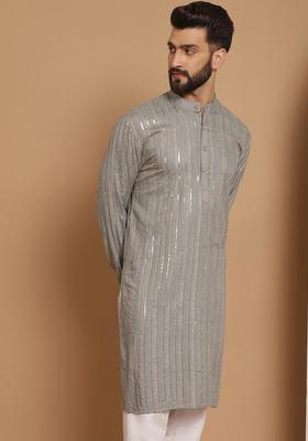 Grey Striped Cotton Kurta For Men