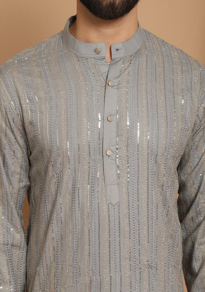 Grey Striped Cotton Kurta For Men - Indya