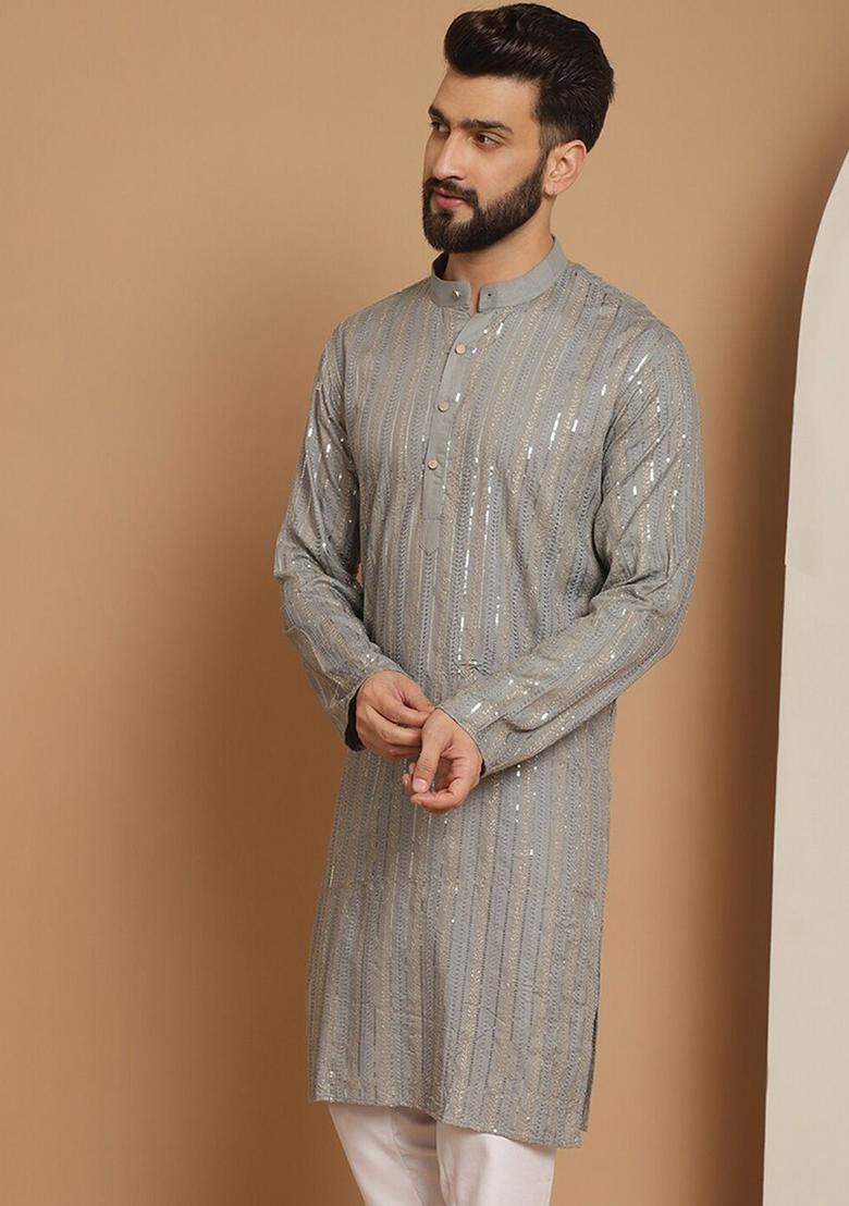 Grey Striped Cotton Kurta For Men - Indya