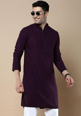 Purple Woven Design Cotton Kurta For Men