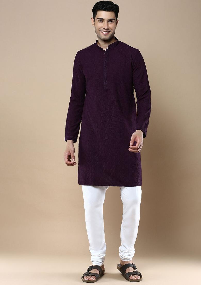 Purple Woven Design Cotton Kurta For Men - Indya