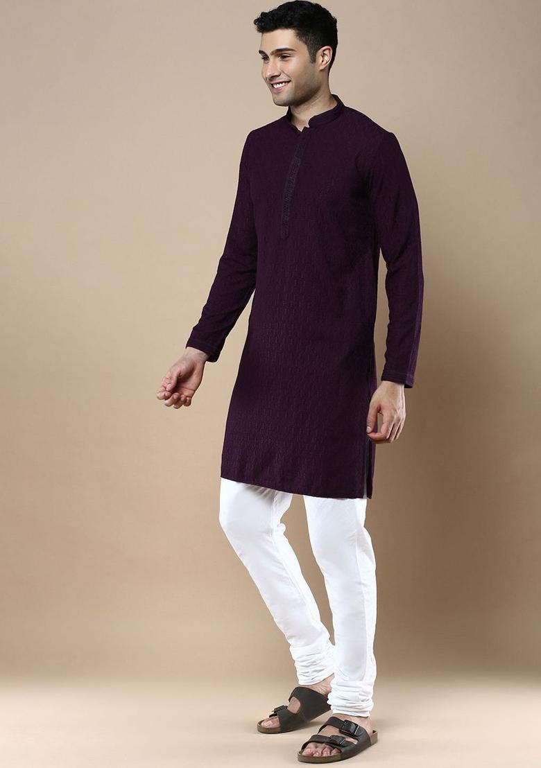 Purple Woven Design Cotton Kurta For Men - Indya