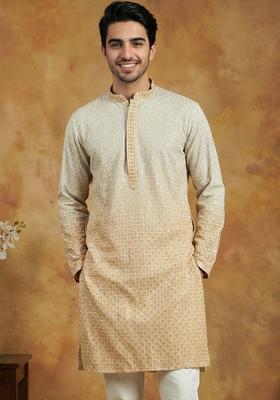 Yellow Embroidered Viscose Kurta For Men