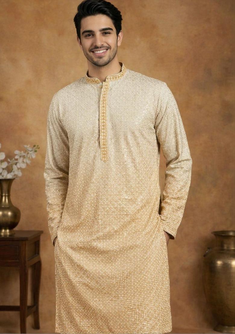 Yellow Embroidered Viscose Kurta For Men - Indya