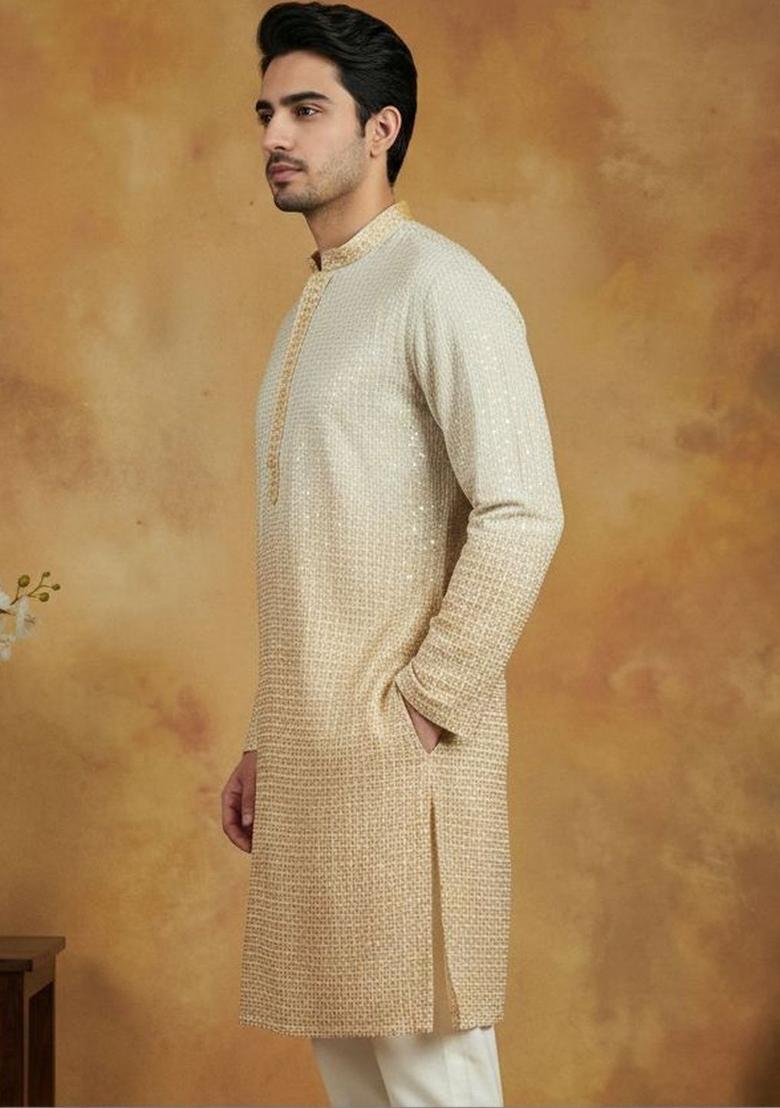 Yellow Embroidered Viscose Kurta For Men - Indya