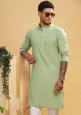 Green Striped Cotton Kurta For Men