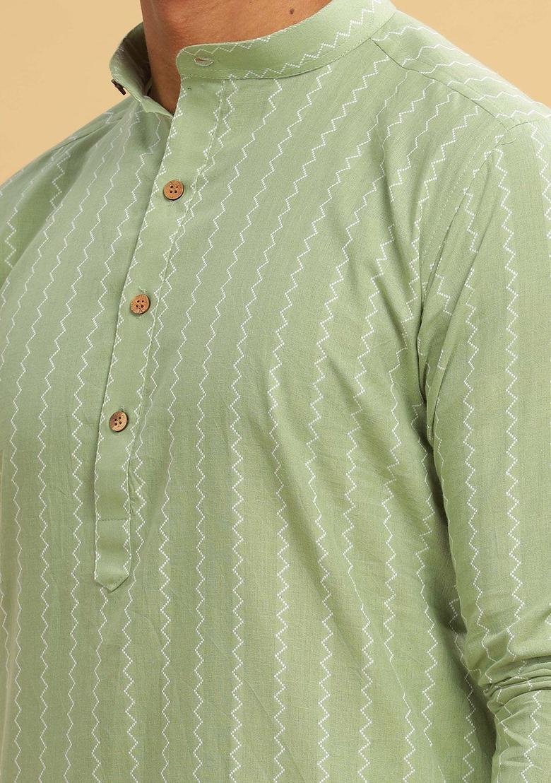 Green Striped Cotton Kurta For Men - Indya