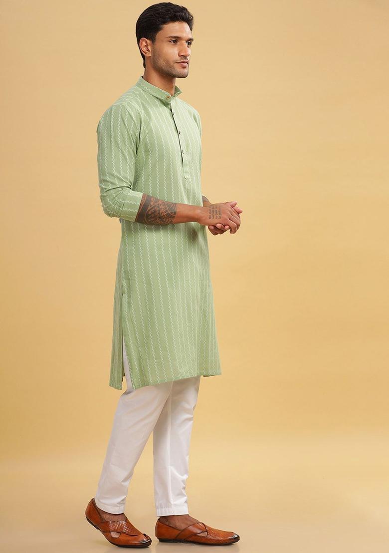 Green Striped Cotton Kurta For Men - Indya