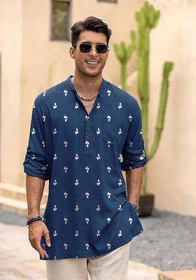 Blue Embroidered Cotton Kurta For Men