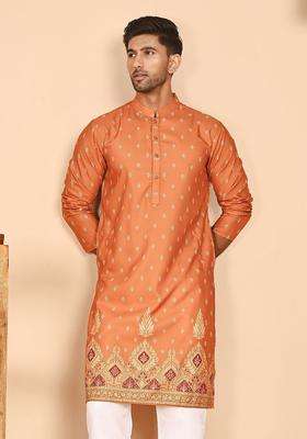 Orange Printed Cotton Kurta For Men