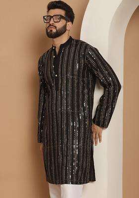 Black Striped Cotton Kurta For Men
