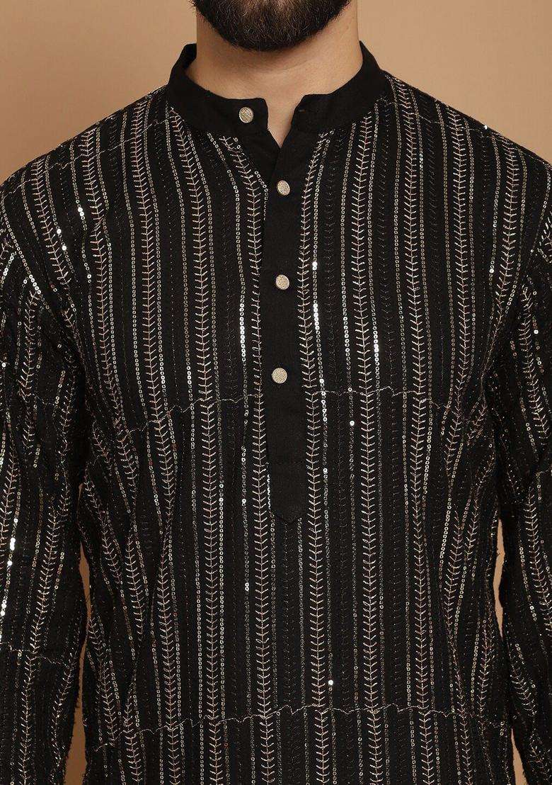 Black Striped Cotton Kurta For Men - Indya