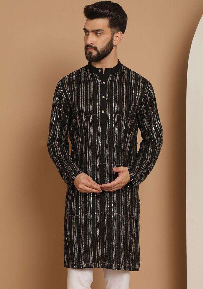 Black Striped Cotton Kurta For Men - Indya