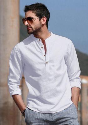 White Woven Design Cotton Kurta For Men