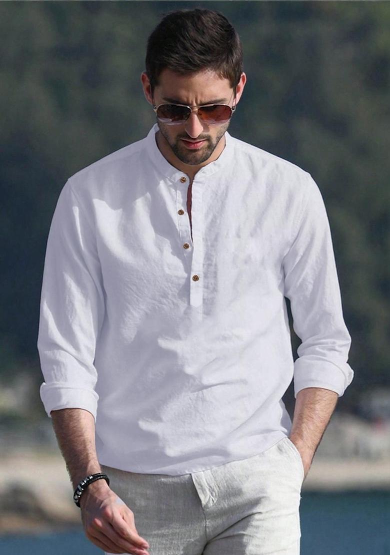 White Woven Design Cotton Kurta For Men - Indya