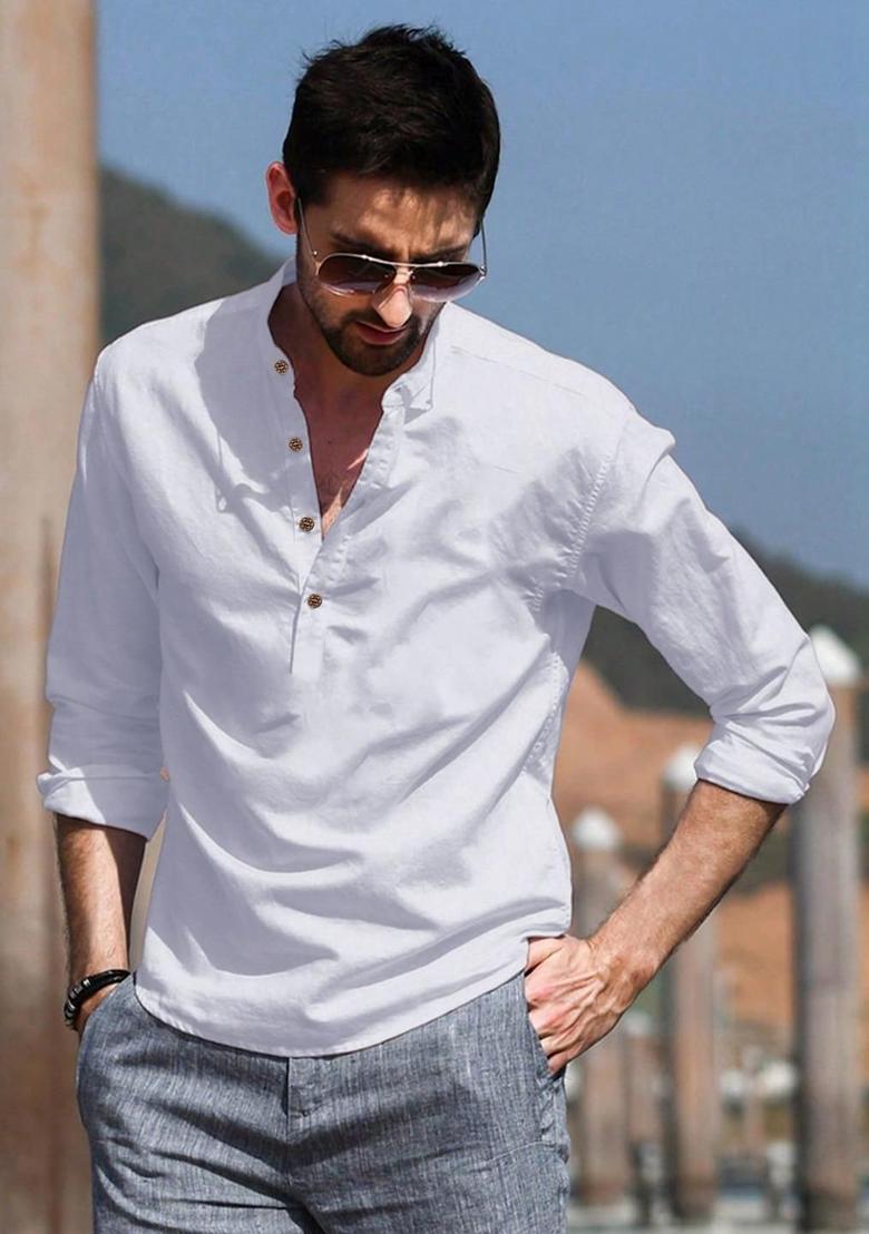 White Woven Design Cotton Kurta For Men - Indya