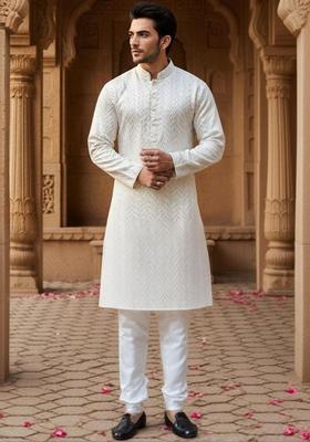 White Woven Design Jacquard Kurta For Men