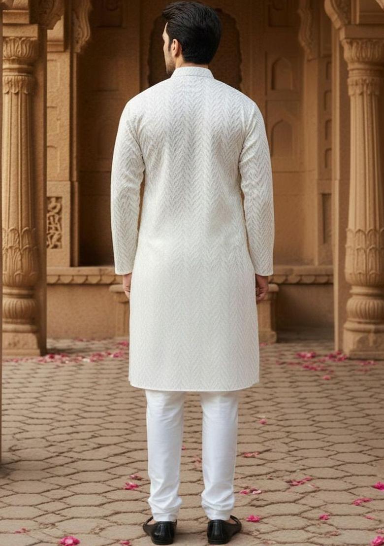 White Woven Design Jacquard Kurta For Men - Indya