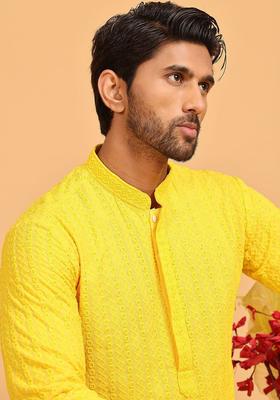 Yellow Embroidered Viscose Kurta For Men