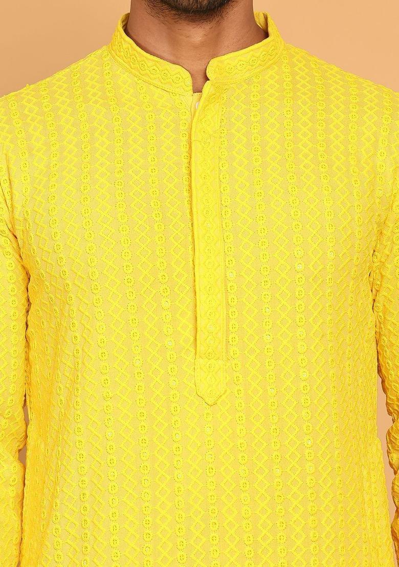 Yellow Embroidered Viscose Kurta For Men - Indya