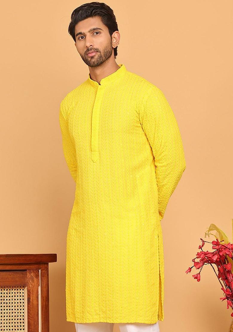 Yellow Embroidered Viscose Kurta For Men - Indya
