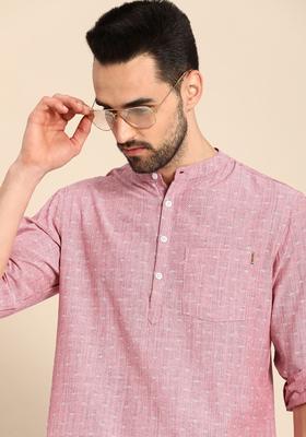 Pink Woven Design Cotton Kurta For Men