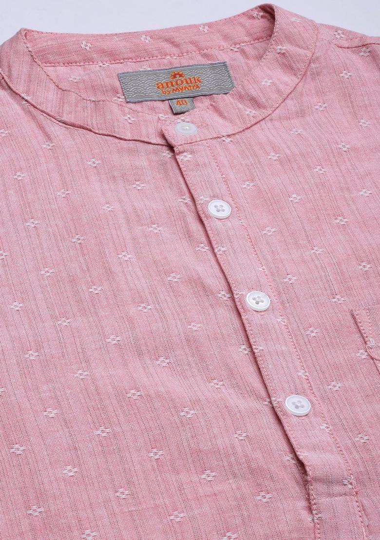 Pink Woven Design Cotton Kurta For Men - Indya