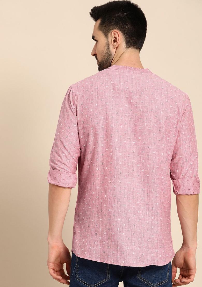 Pink Woven Design Cotton Kurta For Men - Indya