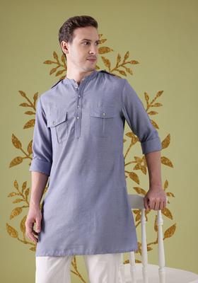 Blue Solid Polyester Kurta For Men