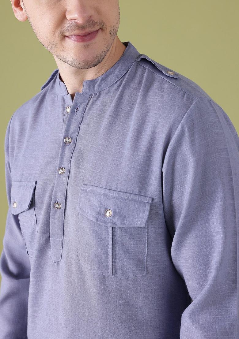 Blue Solid Polyester Kurta For Men - Indya