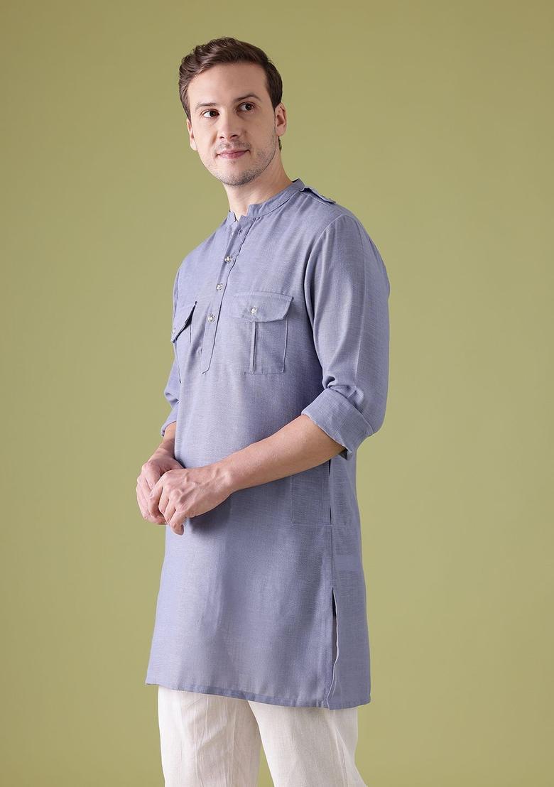 Blue Solid Polyester Kurta For Men - Indya