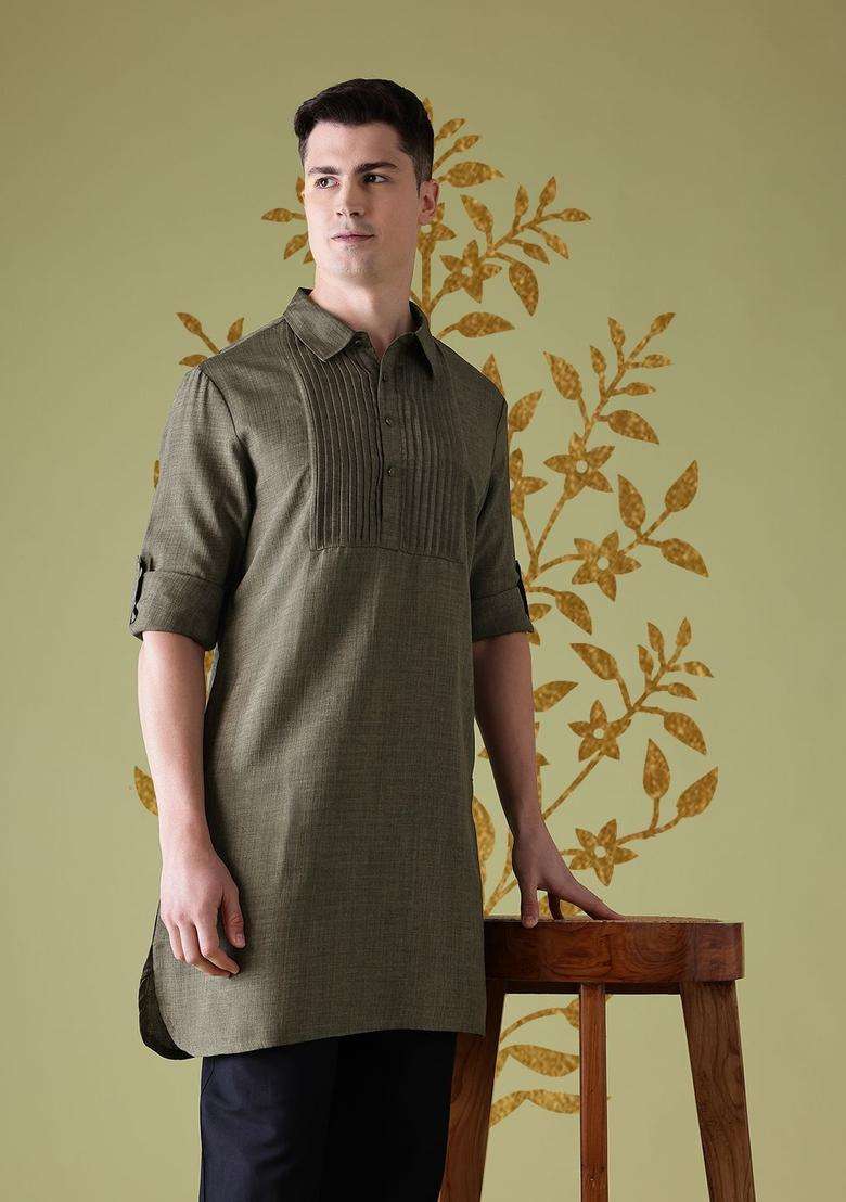 Olive Solid Polyester Kurta For Men - Indya