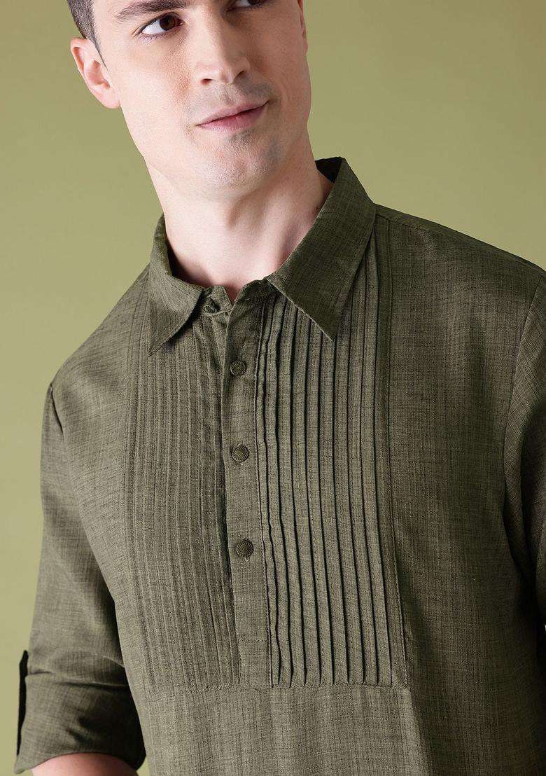 Olive Solid Polyester Kurta For Men - Indya
