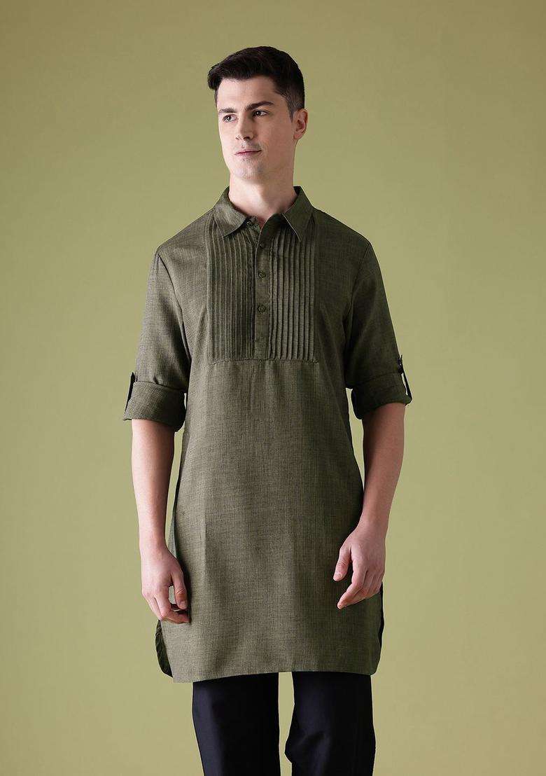 Olive Solid Polyester Kurta For Men - Indya