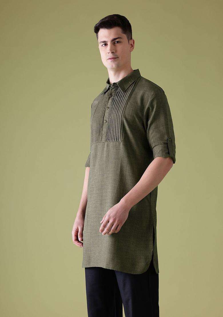 Olive Solid Polyester Kurta For Men - Indya