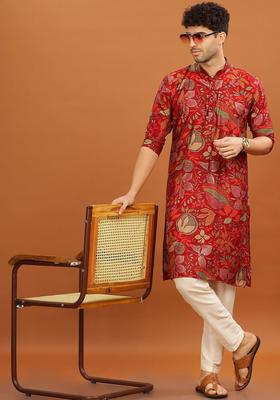 Red Printed Cotton Kurta For Men