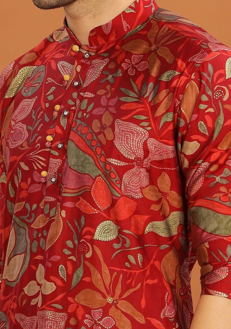 Red Printed Cotton Kurta For Men - Indya